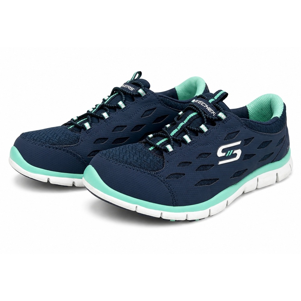 Skechers Air Cooled Memory Foam Women's 6 Navy Mint Slip In Walking Shoes 22604